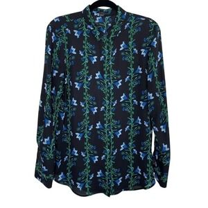Ann Taylor Black Floral Button-Up Top Womens Large Classic Whimsygoth